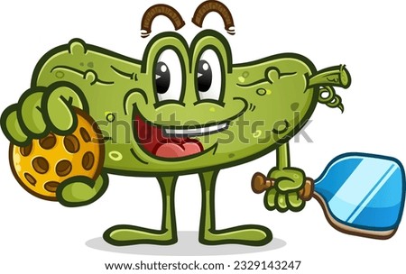 Cute short pickle cartoon character holding a pickleball in his hand and a paddle in the other hand happily waiting his turn to play a rousing game of pickle ball on the court vector cartoon clip art