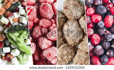 Vertical collage of photos of frozen food in close-up Royalty-Free Stock Photo #2329152359