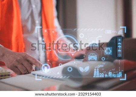 virtual modern reduce CO2 emission concept with icons, global warming emissions carbon footprint climate change to limit global warming, energy, engineer or foreman discussing project co2 reduce Royalty-Free Stock Photo #2329154403