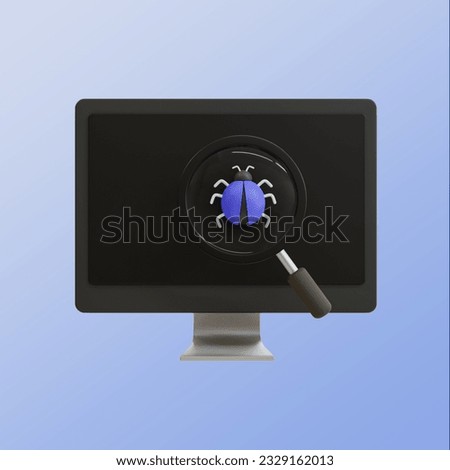 3d minimal software bugs. search for a bug. computer software error. application testing. PC screen with a bug. 3d illustration. clipping path included.