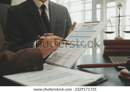 Customer service good cooperation, Consultation between a Businessman and Male lawyer or judge consult having team meeting with client, Law and Legal services concept.