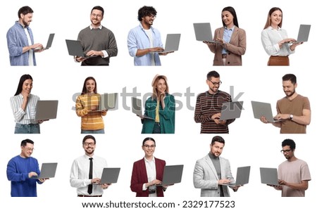 People with laptops on white background, collage design Royalty-Free Stock Photo #2329177523
