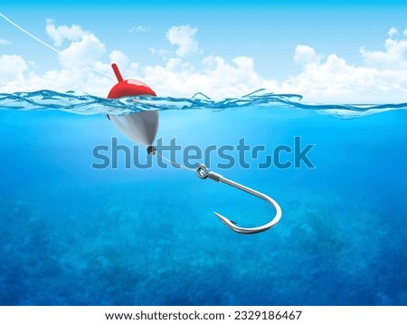 Float, fishing line and hook underwater vertical (3d illustrations concepts series to use as backgrounds or workpieces) Royalty-Free Stock Photo #2329186467