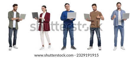 People with laptops on white background, collage design Royalty-Free Stock Photo #2329191915
