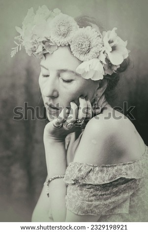 woman with flowers on her head recalling the style of Frida VIII