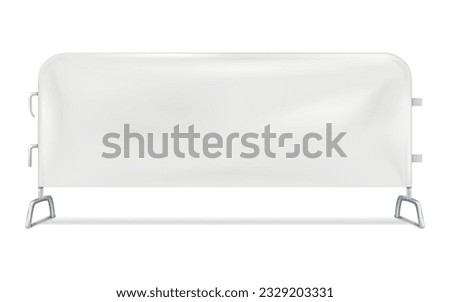 Blank white barricade advertising graphic cover on metal frame with hooks vector mockup. Interlocking crowd control barrier with banner realistic mock-up. Template for design Royalty-Free Stock Photo #2329203331