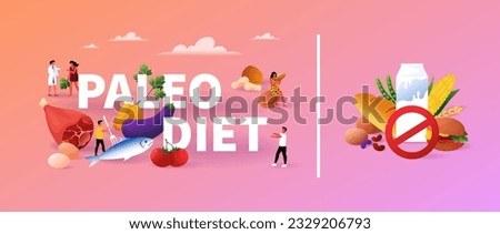 Paleo diet. Healthy lifestyle. Meat and vegetable. Paleolithic food banner. Fish and nut. Caveman nutrition. Doctor and happy persons. Dieting seafood with fruits. Vector illustration