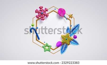 3d render, minimal Christmas hexagonal frame isolated on white background decorated with glossy metallic ornaments, stars, snowflakes, candy cane. Blank greeting card mockup