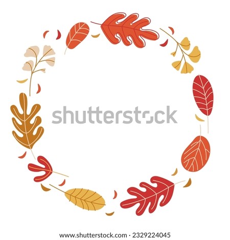 Autumn round frame with hand drawn autumnal leaves sketch isolated on white background. Fall wreath with copy space for date, text. For invitation, birthday card, sticker, poster, gifts design.