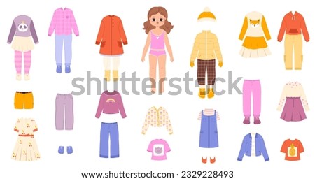 Kid paper doll with dress. Cut baby girl, cartoon clothes. Dress-up little baby, summer and winter children outfits. Childish snugly game vector clipart