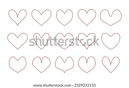 Red line hearts. Red abstract symbols of love, symmetric doodle heart collection. Valentines day clip art elements. Editable stroke. Vector illustration isolated on white background