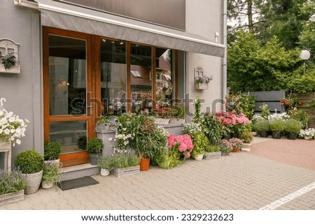 Facade of beautiful flower shop with different housplants and flowers . High quality photo Royalty-Free Stock Photo #2329232623