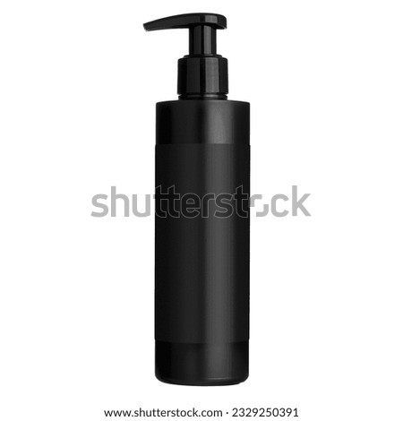 Beautiful black shimmery matte luxury cosmetic product packaging design. Black bottle with pump dispenser for gel, lotion shampoo or cream with empty label on isolated background.  Royalty-Free Stock Photo #2329250391