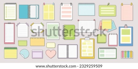 Notepads and notes set. Various colorful charter sheets and planners, notepads and ring pad, bookmarks and pages. Types of paper for write. Cartoon flat vector collection isolated on white background Royalty-Free Stock Photo #2329259509