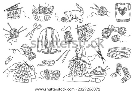 Knitting Crochet set. Character handmade sweater and clothes with yarn and threads, next to cat playing with wool yarn ball in doodle style. Linear flat vector collection isolated on white background Royalty-Free Stock Photo #2329266071