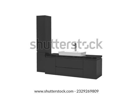 Black modern  Wooden Bathroom Vanity Isolated on White. Luxury Contemporary Vanity Cabinet with Ceramic Countertop Sink and Silver Faucet. Bathroom Furniture. Cabinet and Drawers for the Essentials

