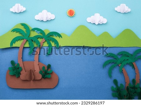 Day landscape mountain with sea and coconut tree made of paper cut. travel concept paper art background. Holiday summer concept.
