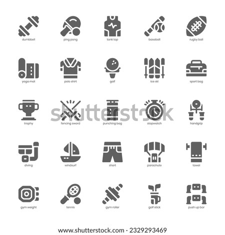 Sports Equipment Icon pack for your website design, logo, app, and user interface. Sports Equipment Icon glyph design. Vector graphics illustration and editable stroke.