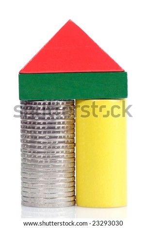 Toy bricks and euro coins on white background