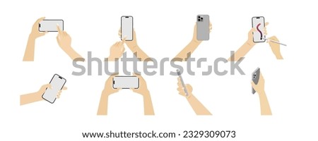 Human hands using and holding smartphones. Touch screen mobile phone with a blank display. Man’s arm touch device with fingers, zoom, tap, and swipe gestures isolated on white. Vector.