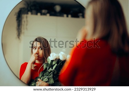 
Woman Unhappy with the Scent of the Roses she Received. Stressed lady feeling deception with bad smelling gift 
 Royalty-Free Stock Photo #2329313929
