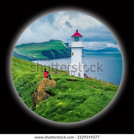 Picture in a circle on black background. Spherical image of old lighthouse on Mykines island. Gloomy morning view of Faroe Islands, Denmark. Atlantic ocean seascape. View through the spyglass.
