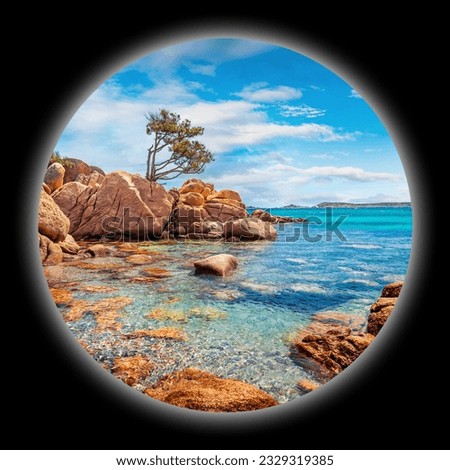 Picture in a circle on black background. Spherical image of popular touris deastination - Capriccioli beach, Mediterranean seascape, Sardinia, Italy, Europe. View through the spyglass.
