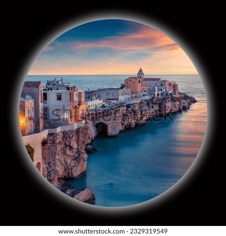 Picture in a circle on black background. Spherical image of Vieste - coastal town in Gargano National Park, Italy, Europe. Gorgeous spring sunset on Adriatic sea. View through the spyglass.
