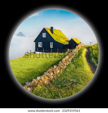 Picture in a circle on black background. Spherical image of Velbastadur village with typical turf-top houses. Amazing morning scene of Streymoy island, Faroe, Denmark. View through the spyglass.
