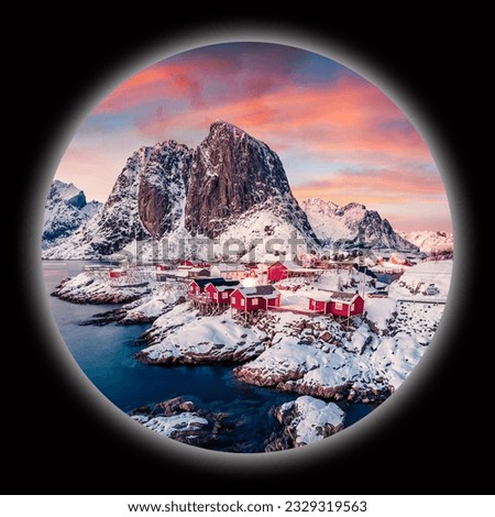 Picture in a circle on black background. Spherical image of Hamnoy port with Festhaeltinden peak, Norway, Europe. Sunset on Lofoten Islands. Norwegian seascape. View through the spyglass.
