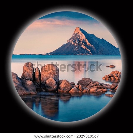 Picture in a circle on black background. Spherical image of Porto Taverna beach with Tavolara mountain, Sardinia island, Italy, Europe. Mediterranean seascape. View through the spyglass.
