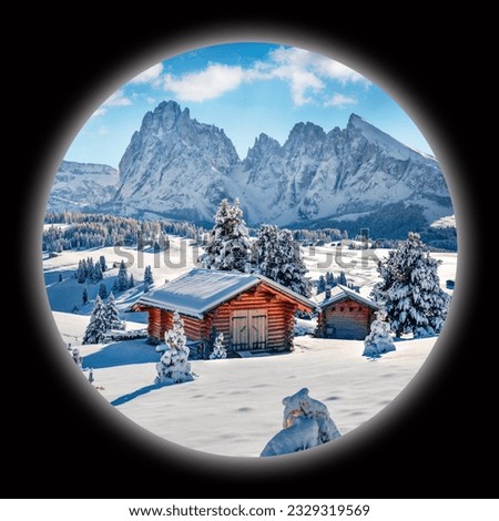 Picture in a circle on black background. Spherical image of Alpe di Siusi village with Plattkofel peak. Incredible morning scene of Dolomite Alps. Winter landscape of Italy. View through the spyglass.