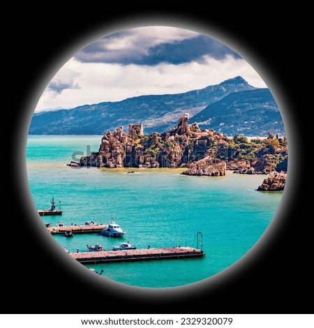 Picture in a circle on black background.  Spherical image of Castellammare del Golfo town. Dramatic seascape of Mediterranean sea, Sicily, Trapani Province, Europe. View through the spyglass.
