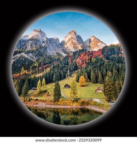 Picture in a circle on black background.  Spherical image of Daeumling mountain range. Fantastic morning view of the hiils of Gosau Vorderer Lake. Austrian Alps, Europe. View through the spyglass.

