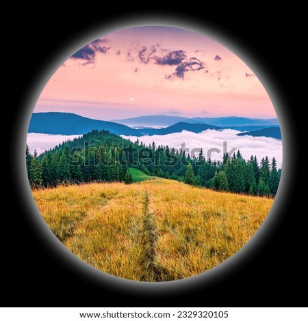 Picture in a circle on black background. Spherical image of Carpathian mountains. Exciting sunriseon Lisniv ridge, Ukraine. Picturesque outdoor view of mountain valley. View through the spyglass.
