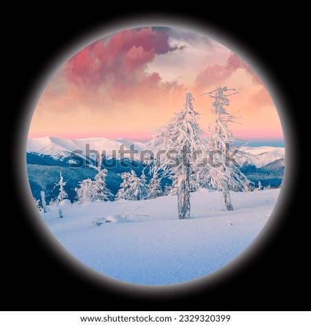 Picture in a circle on black background. Spherical image of winter mountains with snowy trees. Sunrise in Carpathians. Frosty morning view of mountain valley. View through the spyglass.
