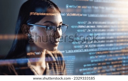 Software, data hologram and woman with code analytics, information technology and gdpr overlay. Programmer coding or IT person in glasses reading html script, programming and cyber security research Royalty-Free Stock Photo #2329333185