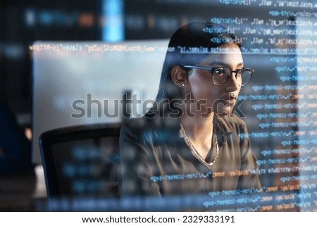 Computer, hologram and woman coding for data analysis, information technology overlay and night html. Programmer or IT person in glasses reading software script, programming or cybersecurity research Royalty-Free Stock Photo #2329333191