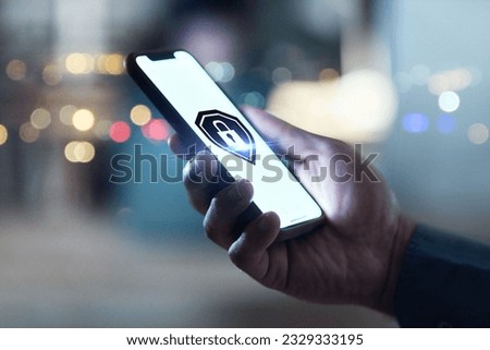 Hand, phone and cyber security or safety lock system for network, information or data protection. Person and gdpr icon on personal smartphone screen for privacy, antivirus or hacking and fraud or vpn Royalty-Free Stock Photo #2329333195