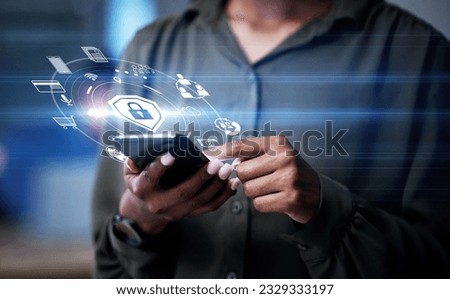 Cyber security, hand and phone with icon hologram for safety lock on network, information or data. Person with personal smartphone for privacy, antivirus or hacking and fraud or access control shield