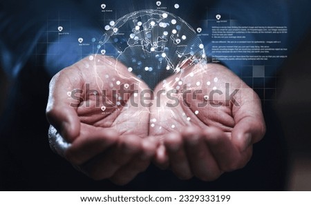 Hands, global network and future technology hologram for communication, networking or ai. Earth, globe or 3d virtual world for cyber security, cloud computing or innovation in digital data hacking