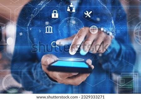 Phone in hand, lock and cybersecurity overlay to show futuristic hologram, data safety or software developer with mobile app, technology and innovation. Ux, cyber security and future of fintech