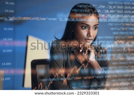 Computer, code hologram and woman thinking of data analytics, information technology or software overlay at night. Laptop, solution and IT people with algorithm, statistics and cybersecurity research
