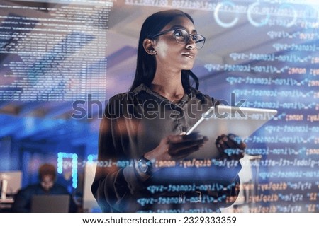 Software, coding hologram and woman on tablet thinking of data analytics, digital technology and night overlay. Programmer or IT person in glasses on 3d screen, programming and cybersecurity research Royalty-Free Stock Photo #2329333359