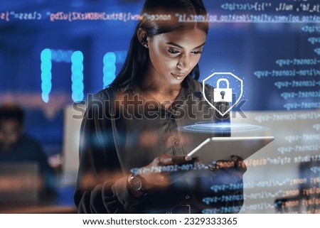 Tablet, lock security and woman in hologram for data safety, software, password or coding in information technology. Cybersecurity, html overlay and person for digital analytics and research of gdpr Royalty-Free Stock Photo #2329333365
