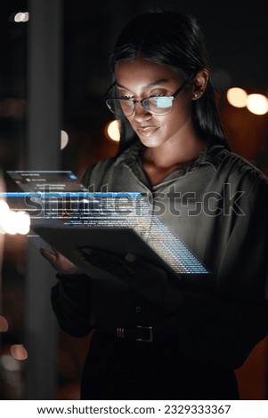 Woman, tablet and hologram at night in web design with dashboard, interface or hud display at the office. Female person, employee or developer working late on futuristic technology or code overlay Royalty-Free Stock Photo #2329333367
