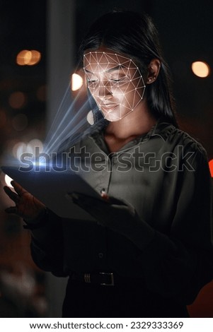 Woman, tablet and facial recognition at night in biometrics for access, verification or identification at office. Female person or employee working late on technology, scanning face or cyber security Royalty-Free Stock Photo #2329333369