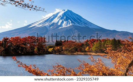 A tremendous view of Fuji mountain and Kawaguchiko lake in Autumn season at Yamanashi in Japan Royalty-Free Stock Photo #2329335749