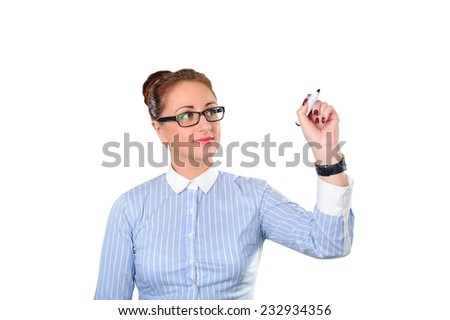 Young beautiful businesswoman with pen writing whiteboard. Caucasian model isolated on white background