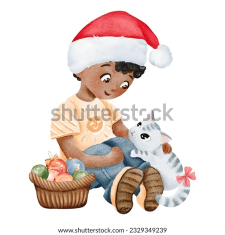 Watercolor merry Christmas composition. The boy in new year hat strokes the cat. African American teenager is sitting with his pet. decorative background for greeting card, bauble decorations, books